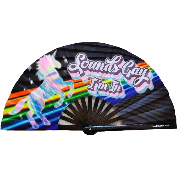 Gay Pride Large Folding Fans, Bamboo Fan 13" with UV Reactive Ink, for LGBTQ Circuit Parties and Raves … (Sounds Gay I'm In)
