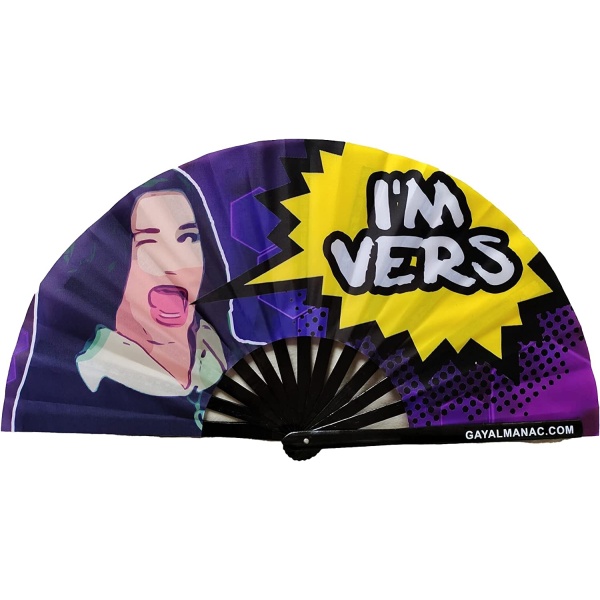 Gay Pride Large Folding Fans, Bamboo Fan 13" with UV Reactive Ink, for LGBTQ Circuit Parties and Raves … (Agatha - I'm Vers)