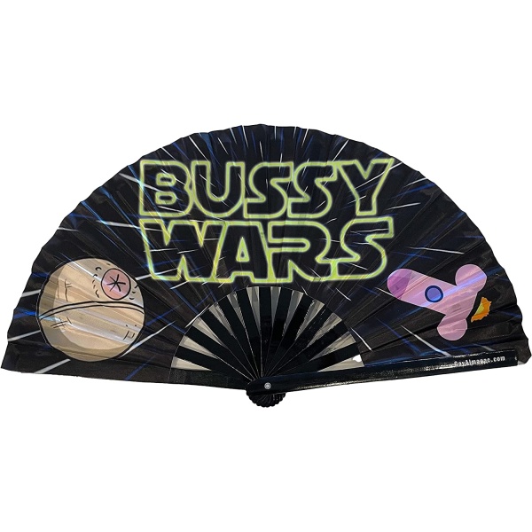 PandaTak Bussy Wars Fan - Gay Pride Folding Fan, 13" Black Bamboo Fan, with UV Lights, Funny Fan