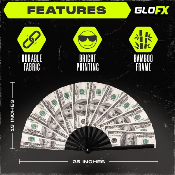 GloFX Folding Fan - Money Stack - Large Rave Clack Folding Hand Fan for Men/Women - for EDM, Music Festival, Club, Event, Party, - Image 4