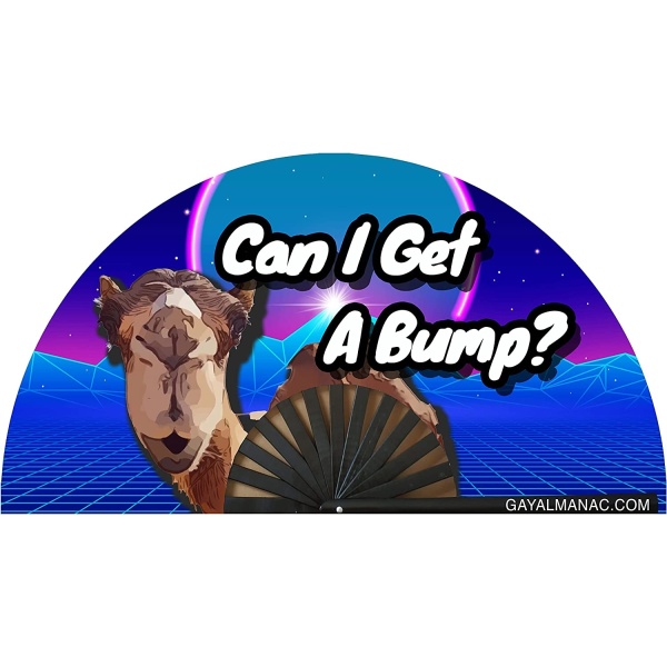 Gay Pride Large Folding Fans, Bamboo Fan 13" with UV Reactive Ink, for LGBTQ Circuit Parties and Raves (Can I Get A Bump Camel)