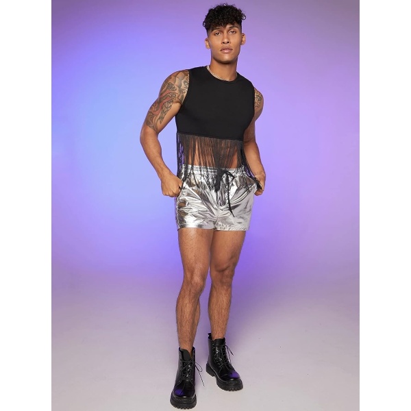Cozyease Men's Solid Fringe Hem Crop Tank Top Sleeveless Round Neck Bodycon Shirt Top - Image 6