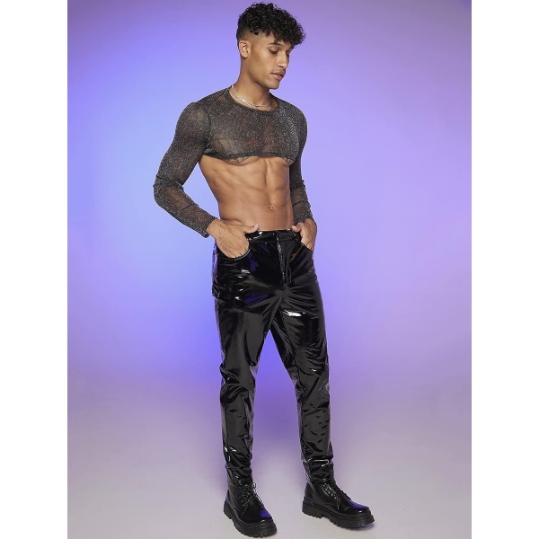 OYOANGLE Men's Workout Mesh Sheer Undershirt Long Sleeve Basic Fishnet See Through Party Crop Tops Blouse Shirts - Image 6
