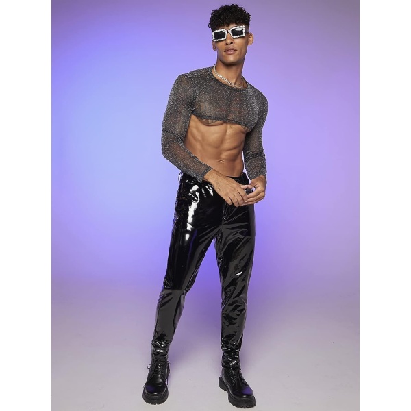 OYOANGLE Men's Workout Mesh Sheer Undershirt Long Sleeve Basic Fishnet See Through Party Crop Tops Blouse Shirts - Image 3