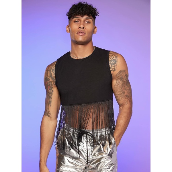 Cozyease Men's Solid Fringe Hem Crop Tank Top Sleeveless Round Neck Bodycon Shirt Top - Image 5