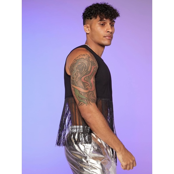 Cozyease Men's Solid Fringe Hem Crop Tank Top Sleeveless Round Neck Bodycon Shirt Top - Image 3
