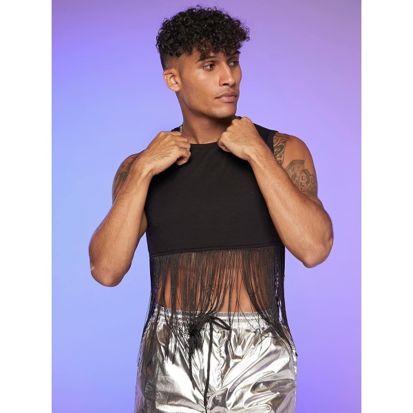 Cozyease Men's Solid Fringe Hem Crop Tank Top Sleeveless Round Neck Bodycon Shirt Top - Image 4