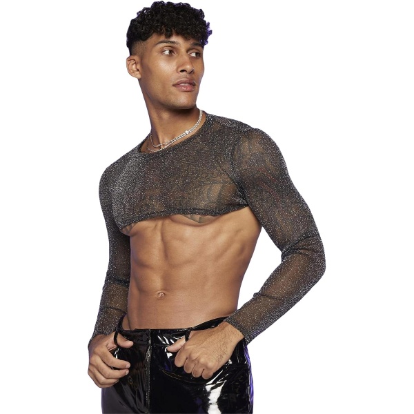 OYOANGLE Men's Workout Mesh Sheer Undershirt Long Sleeve Basic Fishnet See Through Party Crop Tops Blouse Shirts