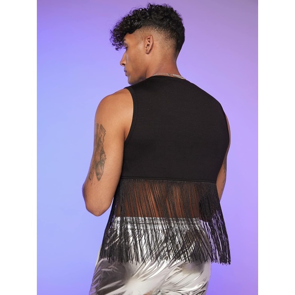Cozyease Men's Solid Fringe Hem Crop Tank Top Sleeveless Round Neck Bodycon Shirt Top - Image 2