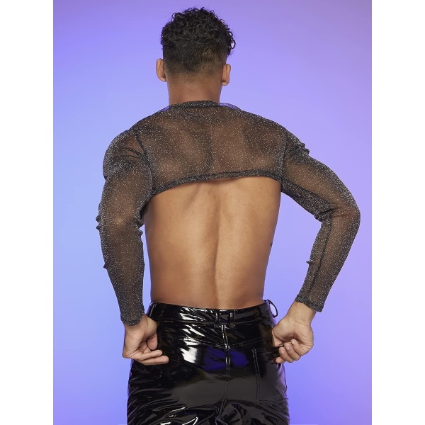 OYOANGLE Men's Workout Mesh Sheer Undershirt Long Sleeve Basic Fishnet See Through Party Crop Tops Blouse Shirts - Image 2