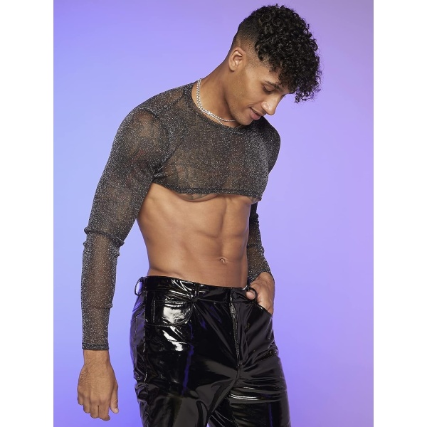 OYOANGLE Men's Workout Mesh Sheer Undershirt Long Sleeve Basic Fishnet See Through Party Crop Tops Blouse Shirts - Image 4
