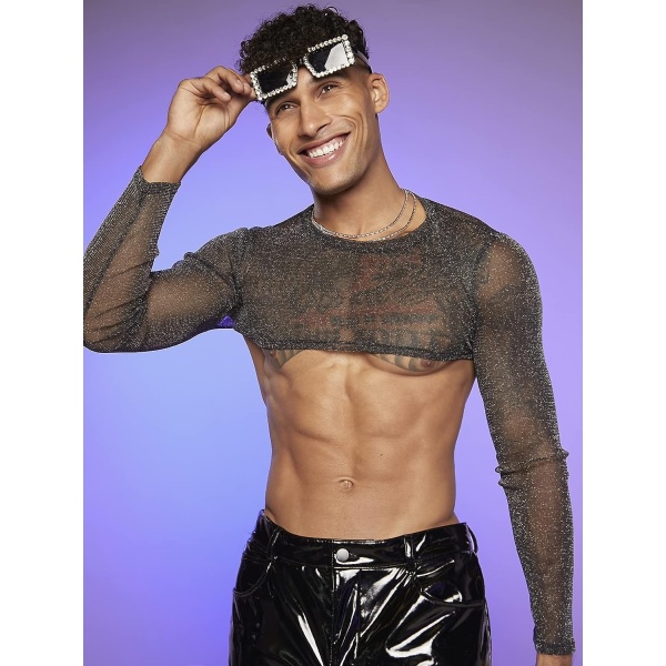OYOANGLE Men's Workout Mesh Sheer Undershirt Long Sleeve Basic Fishnet See Through Party Crop Tops Blouse Shirts - Image 5