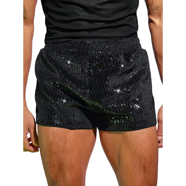 OYOANGLE Men's Sequins High Elastic Waist Straight Leg Crop Track Shorts Glitter Party Shorts