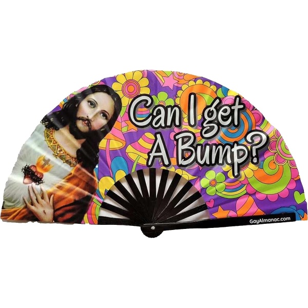 Gay Pride Large Folding Fans, 13" Bamboo Fan with UV Reactive Ink, for LGBTQ Circuit Parties and Raves (Can I Get a Bump Jesus)