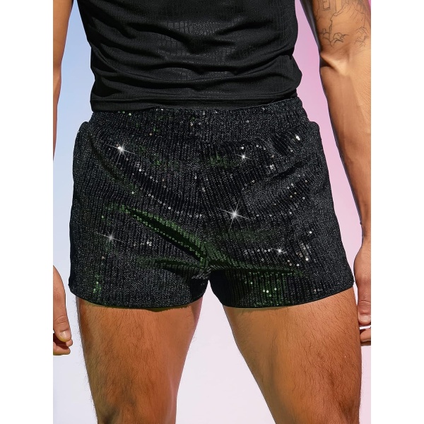 OYOANGLE Men's Sequins High Elastic Waist Straight Leg Crop Track Shorts Glitter Party Shorts - Image 3